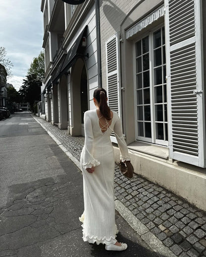 Ribbed Ruffle Maxi Dress Open Back Flare Sleeve