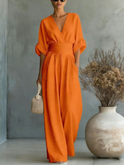 Elegant V-Neck Ruched Wide Leg Jumpsuit