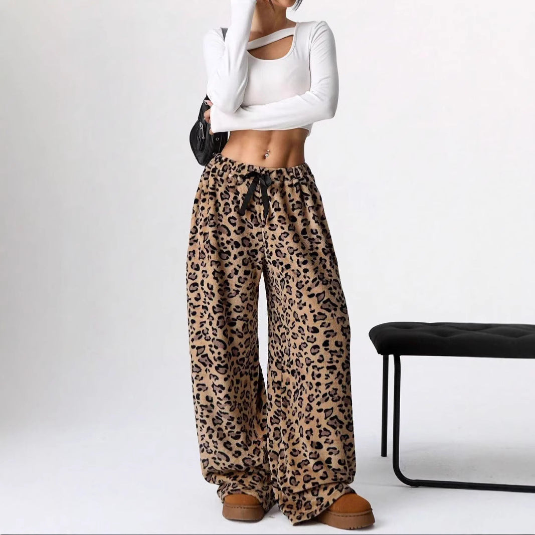 Leopard Print Wide Leg Pants High Waist Casual Trousers