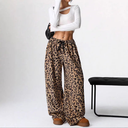 Leopard Print Wide Leg Pants High Waist Casual Trousers