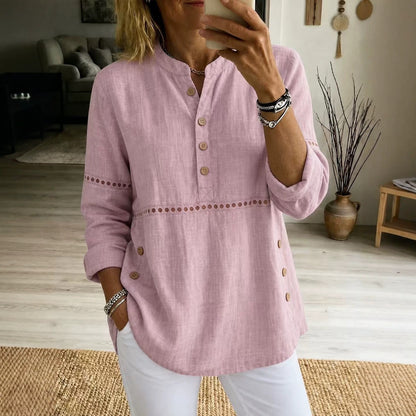 Women Cotton Eyelet Tunic Long Sleeve Side Button Loose Top