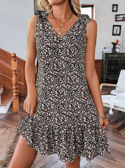 Floral V Neck Tie Shoulder Ruffle Hem Mini Dress