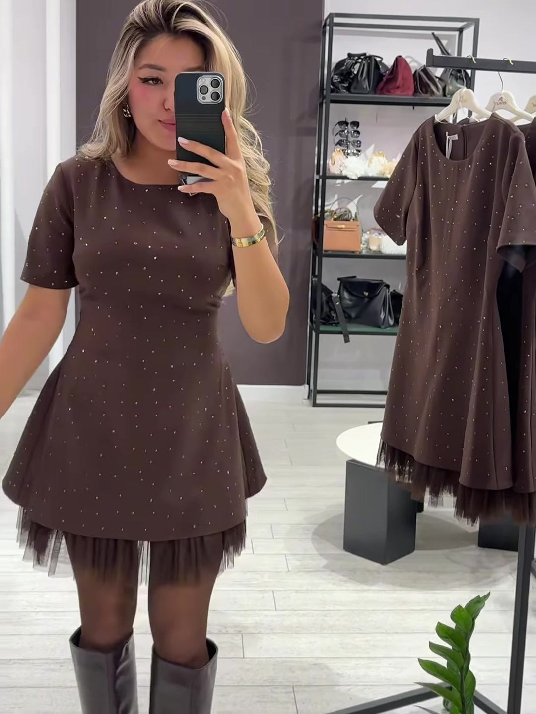 Rhinestone Lace Trim Short Sleeve A-Line Mini Dress