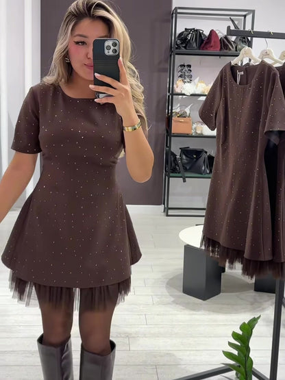 Rhinestone Lace Trim Short Sleeve A-Line Mini Dress