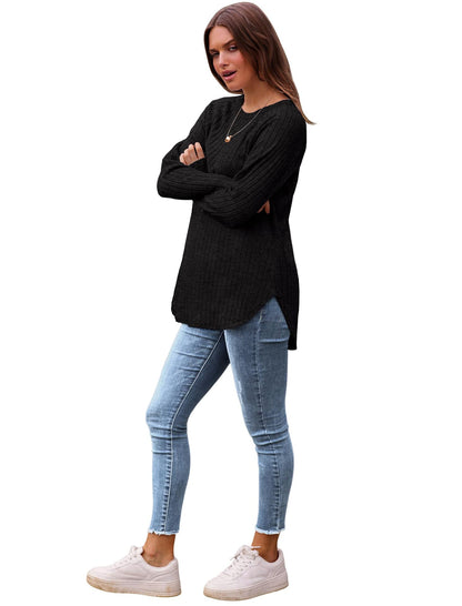 Solid ribbed crew neck top high low curved hem