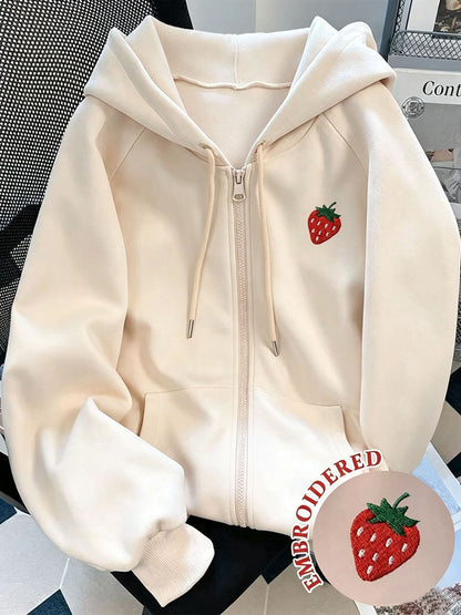 Oversized Strawberry Embroidered Zip Up Hoodie Fleece Lined