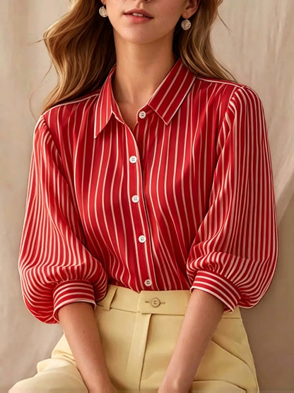 Striped Puff Sleeve Collared Workwear Blouse