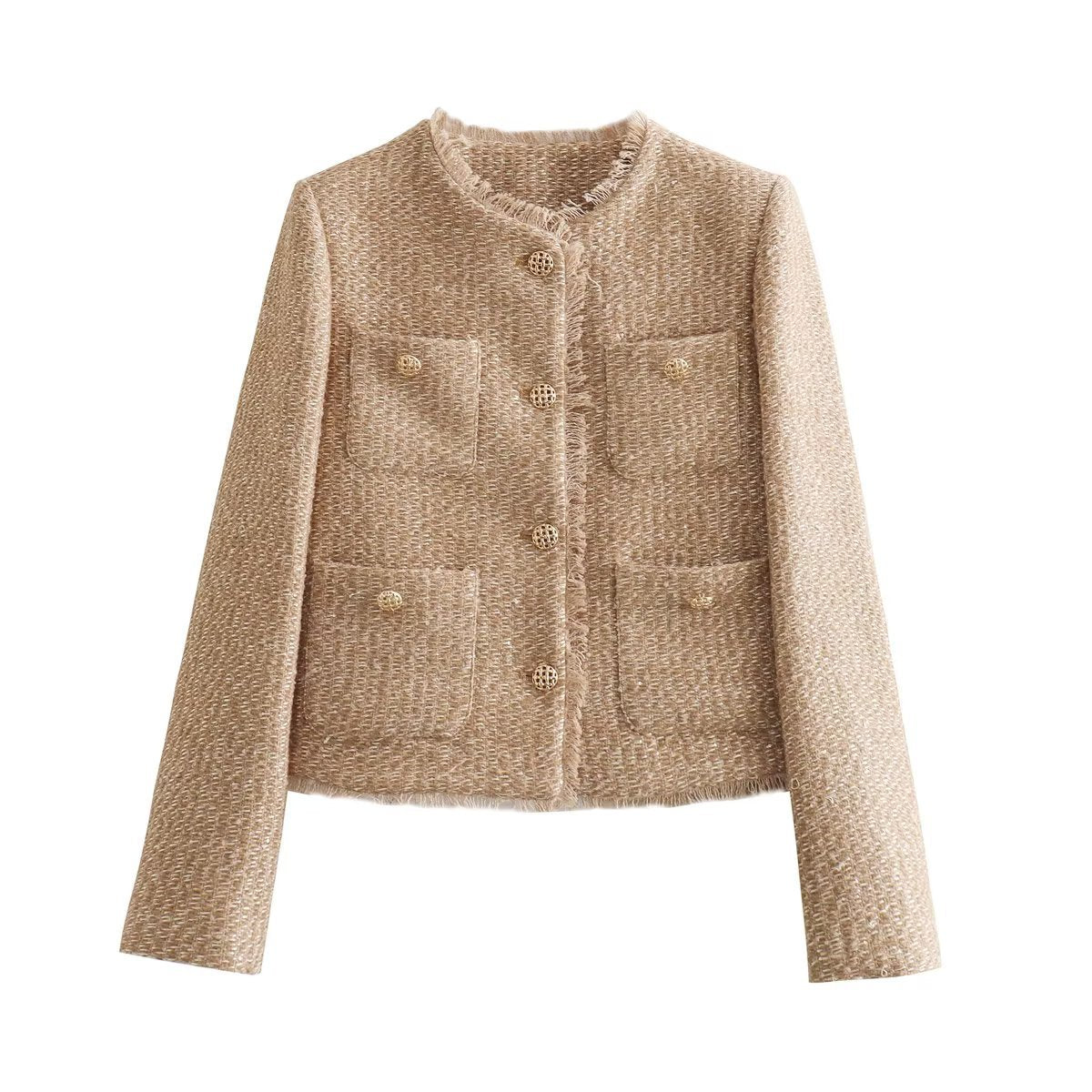 Women's Tweed Cropped Jacket Gold Button Pockets