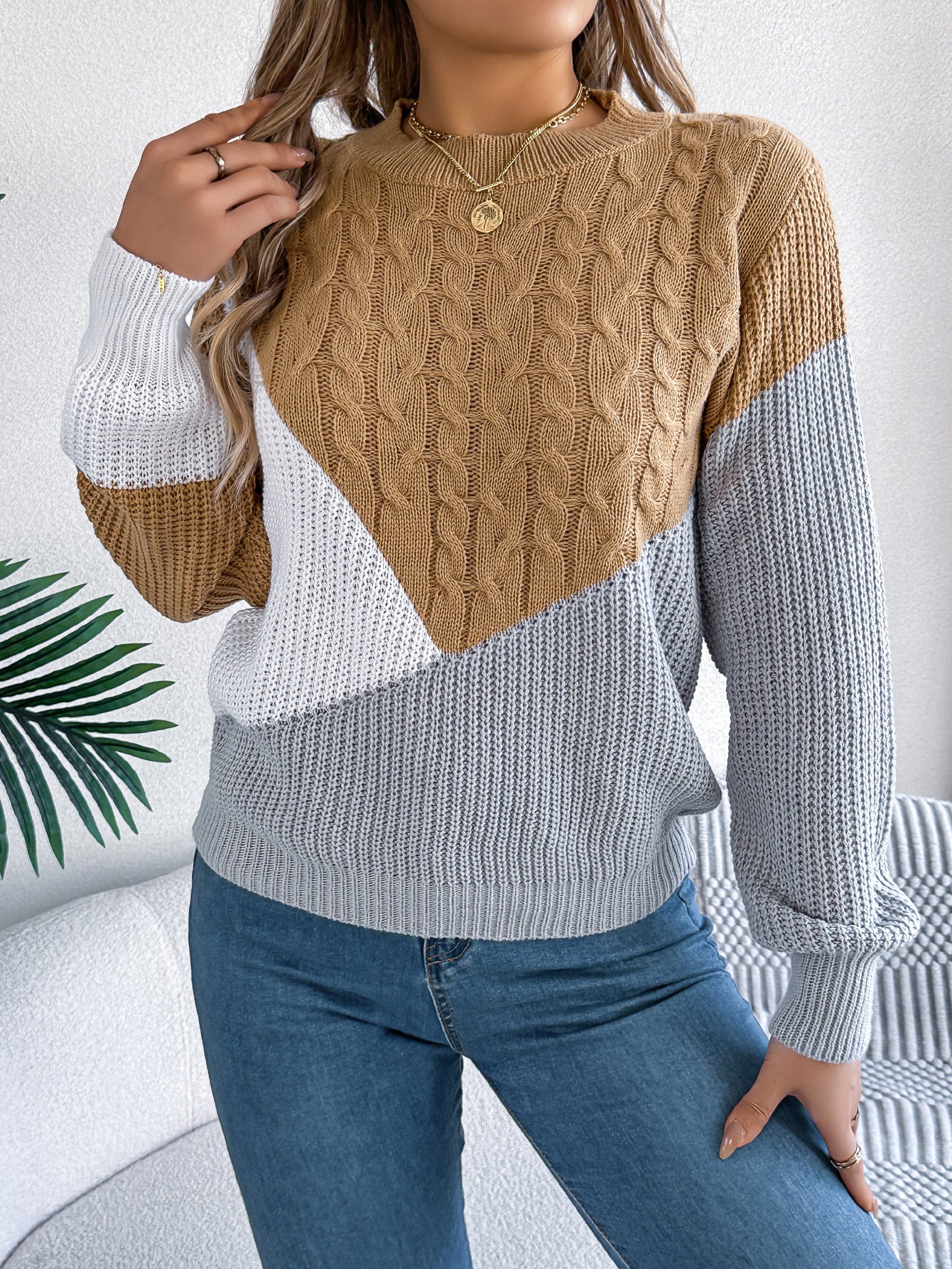 Colorblock Cable Knit Sweater – Casual Fall Winter Pullover