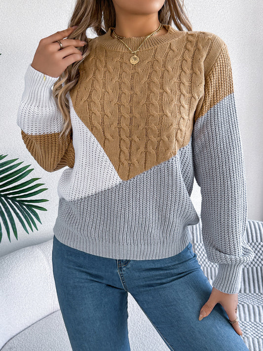 Colorblock Cable Knit Sweater – Casual Fall Winter Pullover