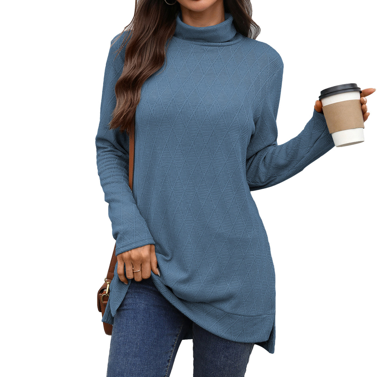 Women's Oversized Turtleneck Long Sleeve Tunic Side Slit