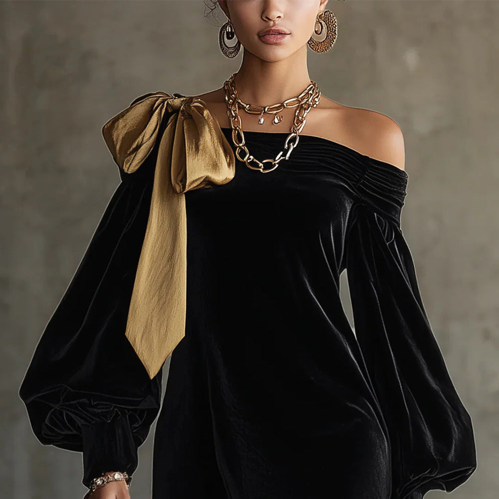 Black Mini Dress Off Shoulder Contrast Bow Puff Sleeve