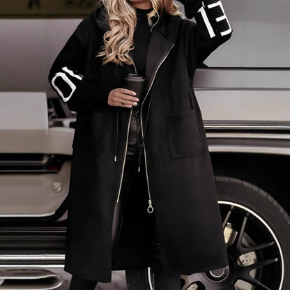 Women's Long Hooded Coat Knit Sleeve Patchwork Jacket
