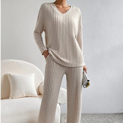 Women's Ribbed Knit V-Neck Two-Piece Lounge Set