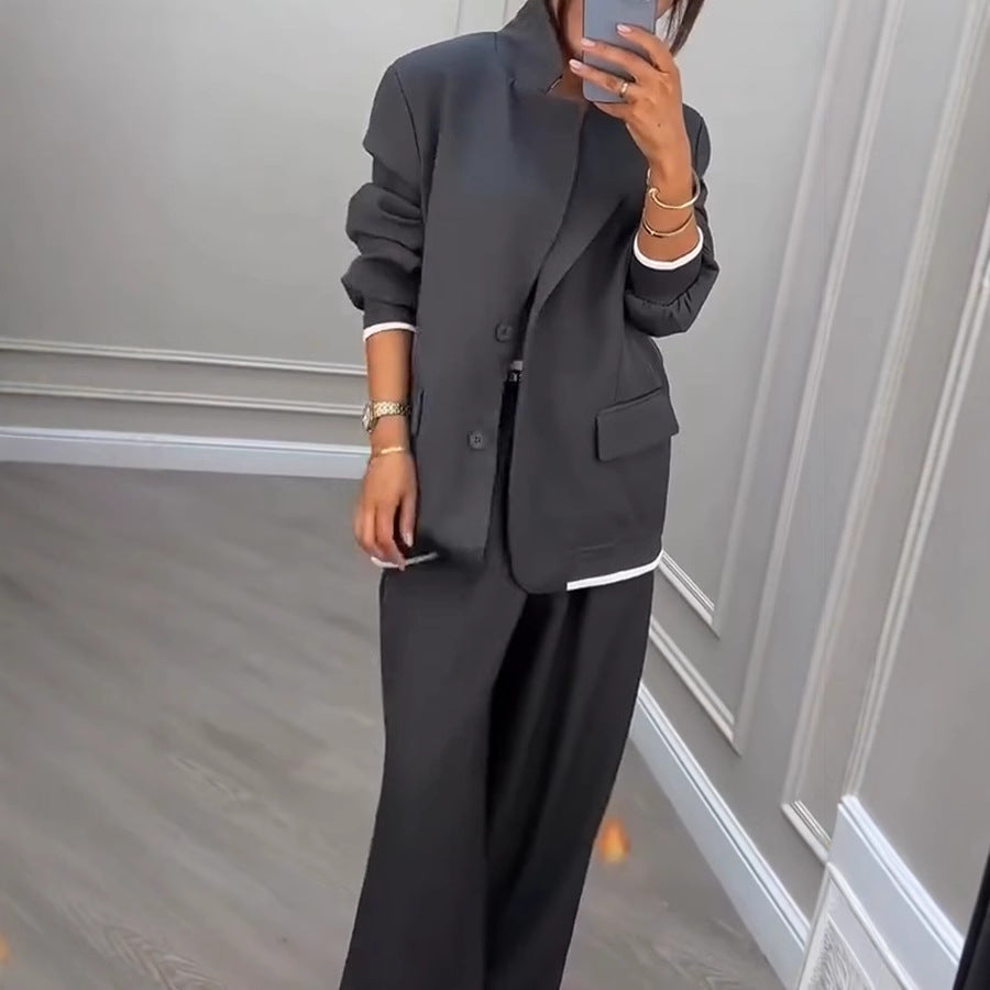 Women Business Casual Blazer Wide Leg Pants Two Piece Set