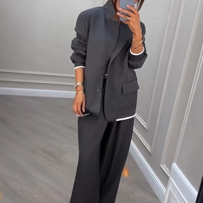 Women Business Casual Blazer Wide Leg Pants Two Piece Set