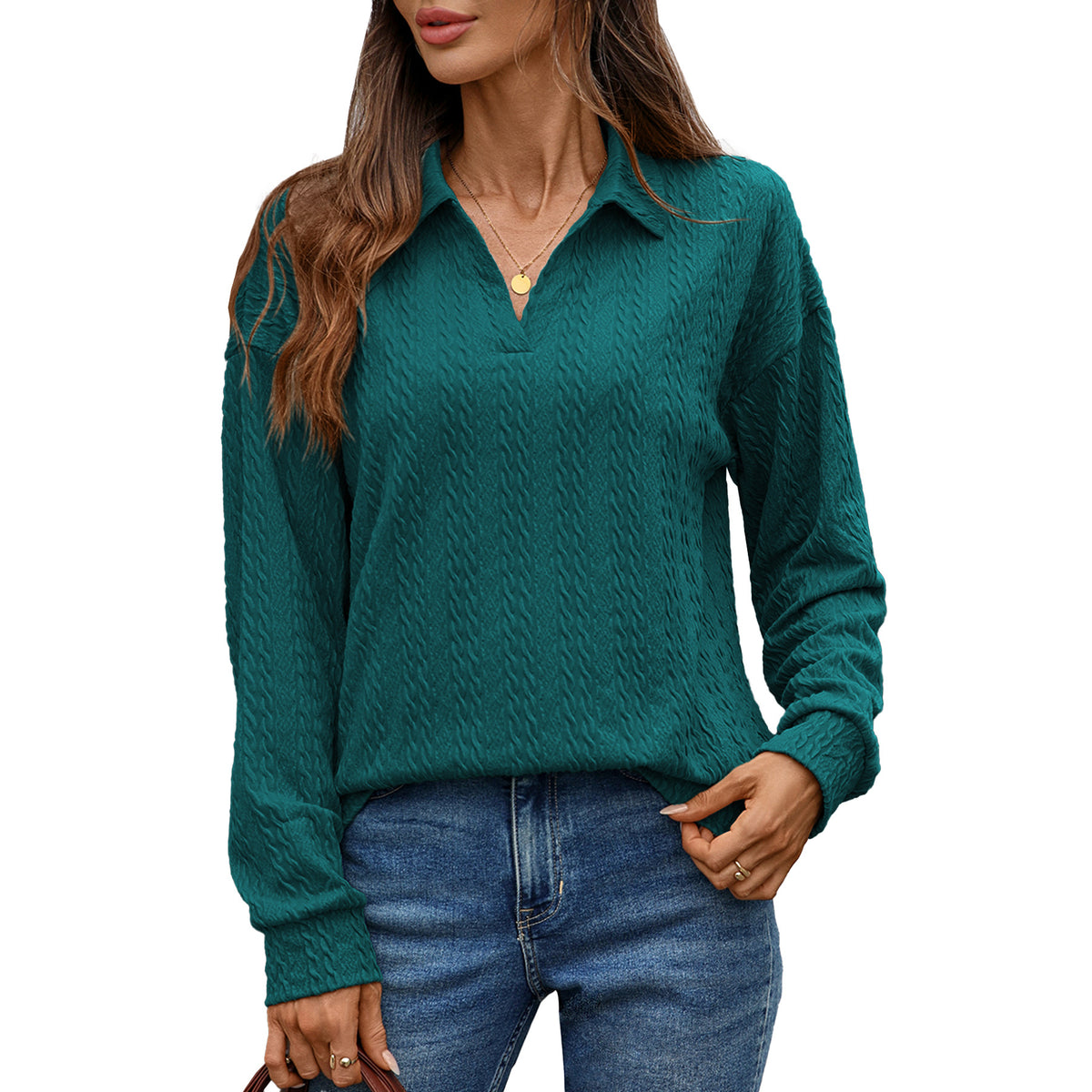 Women's Textured Collared Sweatshirt Long Sleeve Pullover