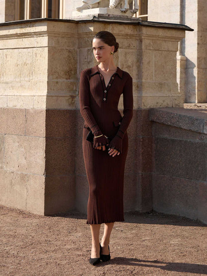 Contrast Trim Knit Maxi Dress Polo Collar Bell Sleeve
