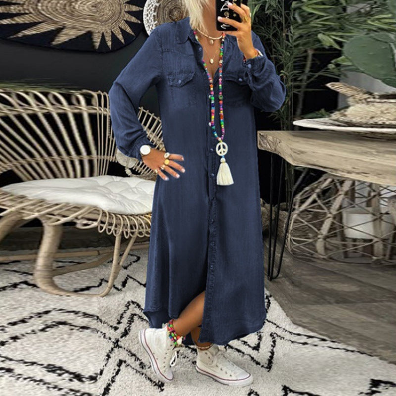 Denim Shirt Dress Long Sleeve Maxi Button Down Casual