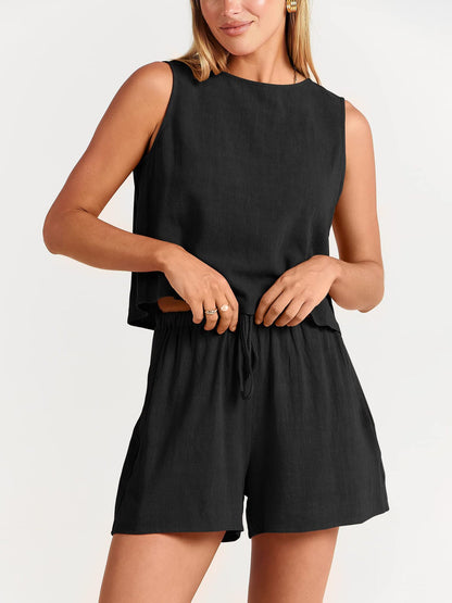 Sleeveless Top and Drawstring Shorts Two Piece Set