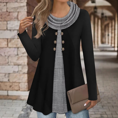 Women's Plaid Cowl Neck Tunic Sweatshirt Buttons