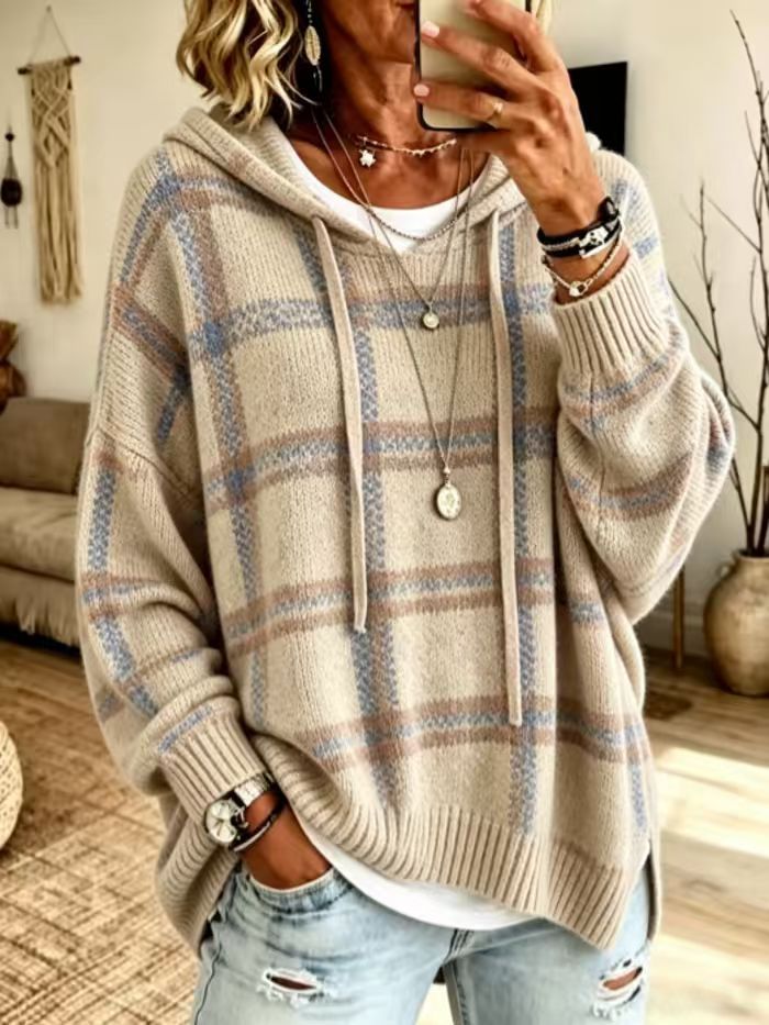 Women's Plaid Hooded Oversized Knit Pullover Sweater