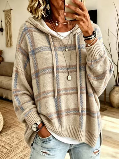 Women's Plaid Hooded Oversized Knit Pullover Sweater