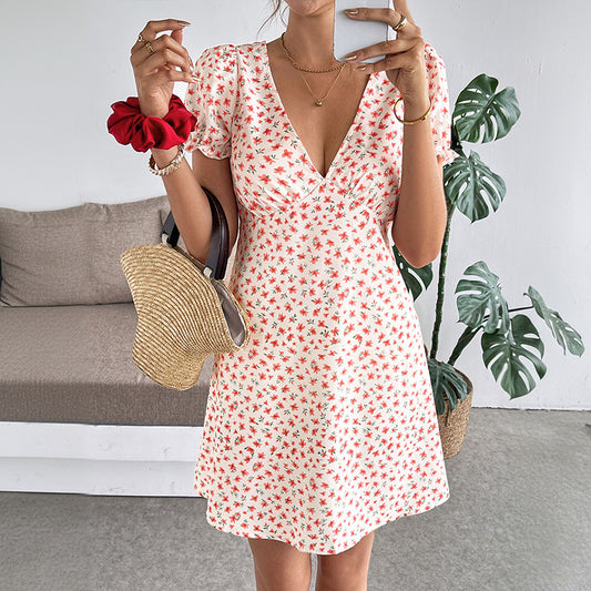 Floral Puff Sleeve V-Neck Backless Mini Summer Dress