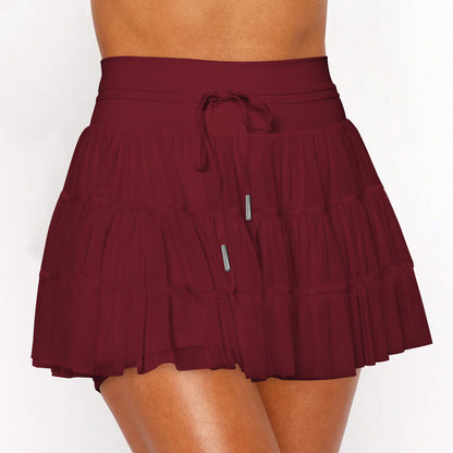 Solid Pleated Skort High Waist Ruffle Tiered Mini