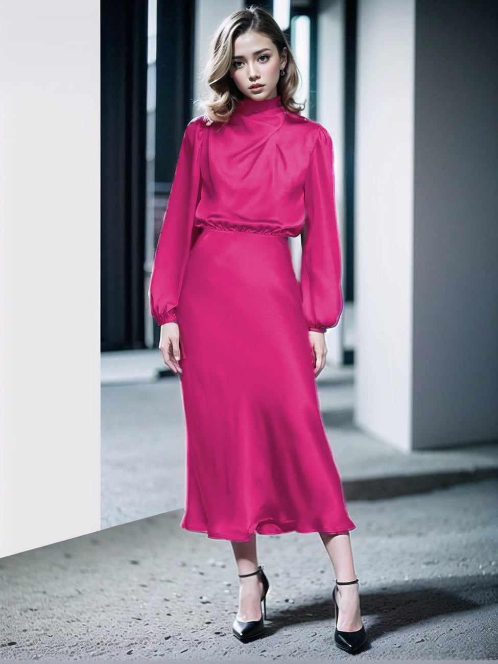 Elegant Satin Mock Neck Long Sleeve Midi Dress