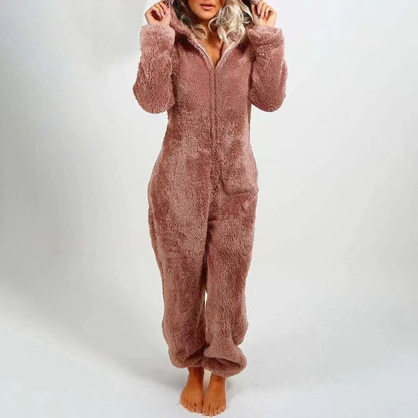 Women Sherpa Fleece Hooded Zip Up Jumpsuit