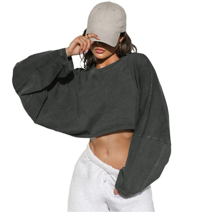 Womens Cropped Sweatshirt Oversized Crew Neck Pullover