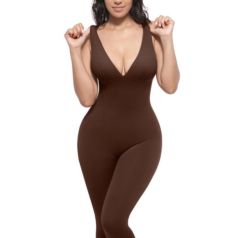Ribbed V-Neck Seamless Yoga Jumpsuit High Waist