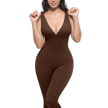 Ribbed V-Neck Seamless Yoga Jumpsuit High Waist
