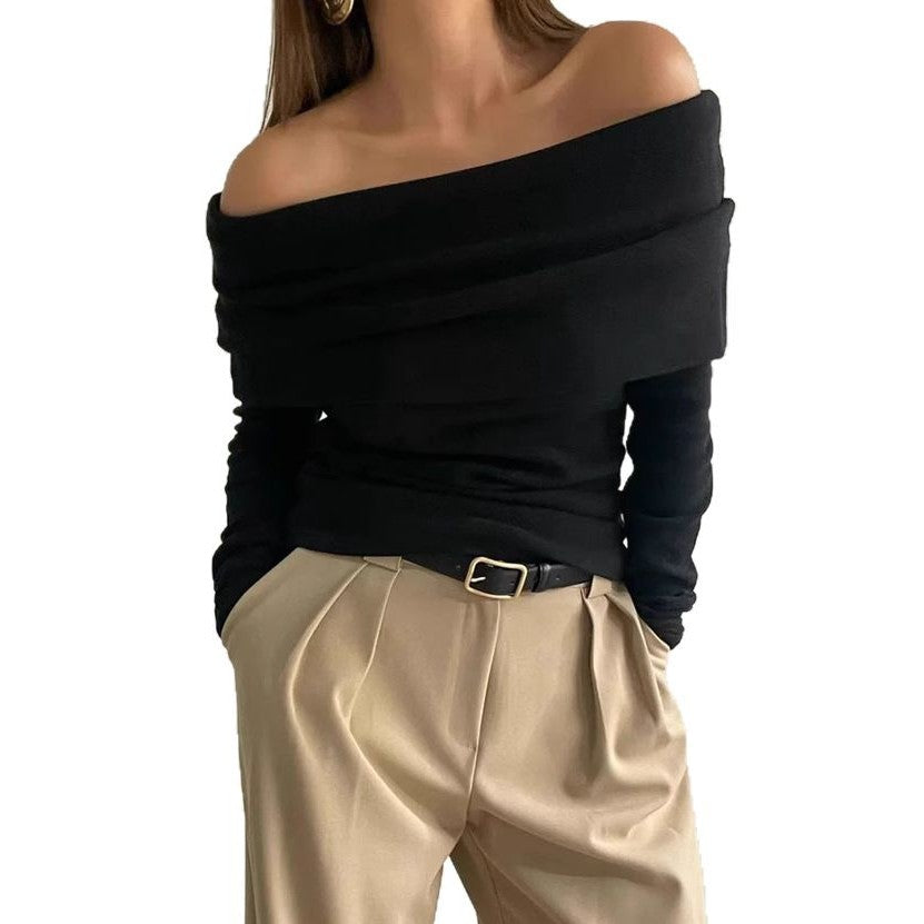 Women's Off Shoulder Draped Knit Fitted Long Sleeve Sweater