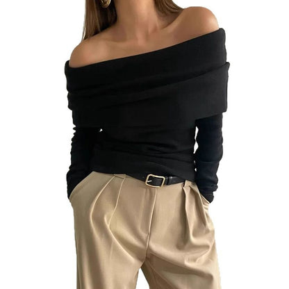 Women's Off Shoulder Draped Knit Fitted Long Sleeve Sweater