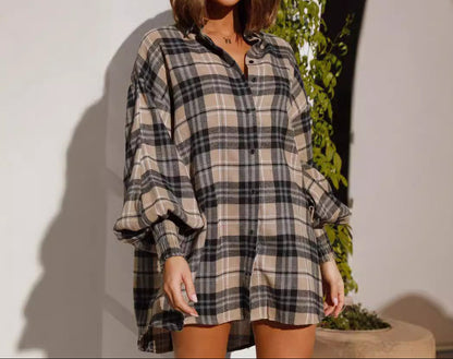 Oversized Plaid Balloon Sleeve Button Down Longline Shirt