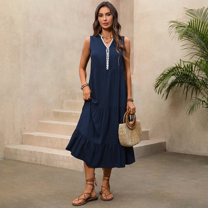 Spring/Summer Colorblock V-Neck Ruffled Maxi Dress