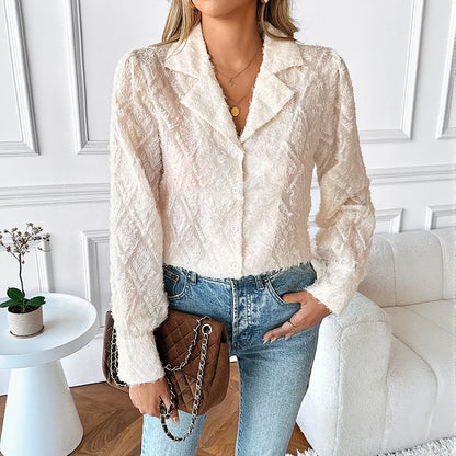 Textured Jacquard Button Down Blouse Elegant Work Shirt