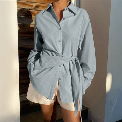 Women's Oversized Tie Waist Long Sleeve Button Down Shirt