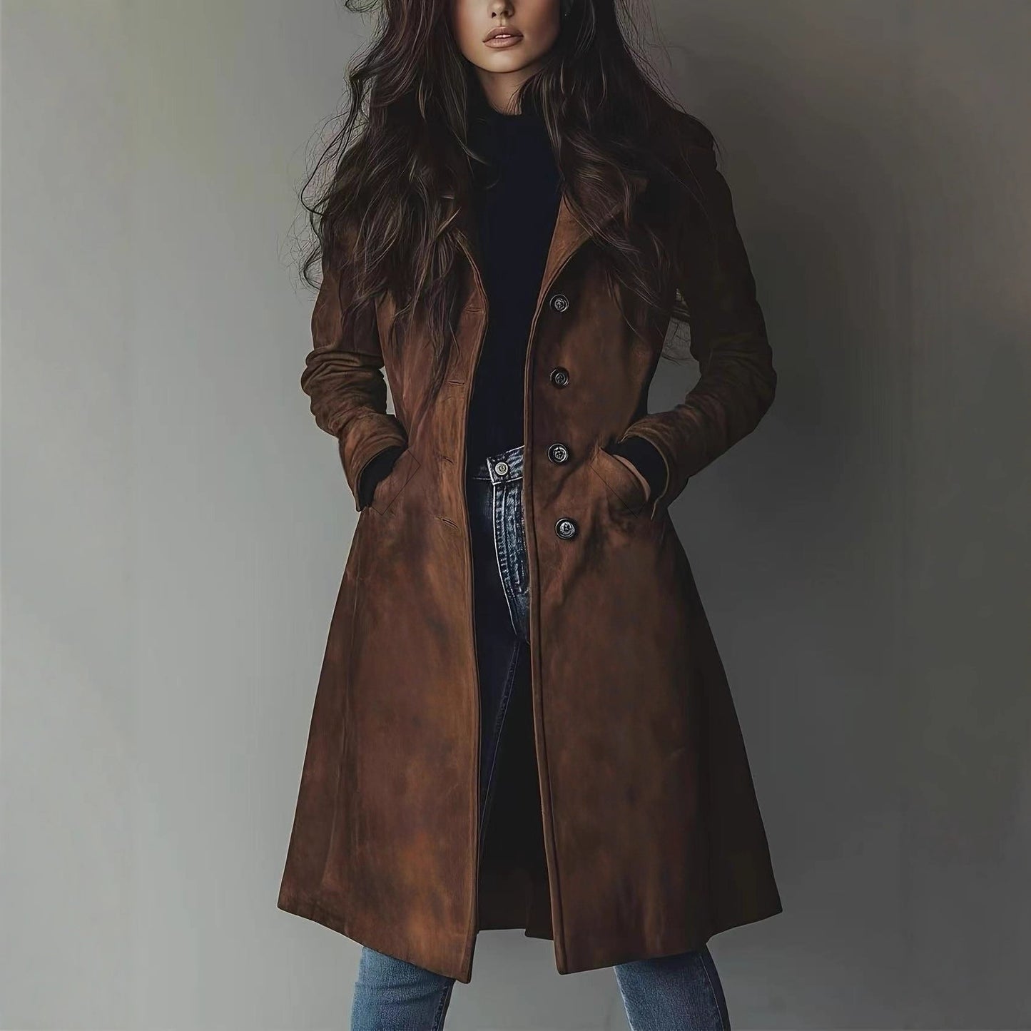 Womens Faux Suede Long Trench Coat Belted Lapel