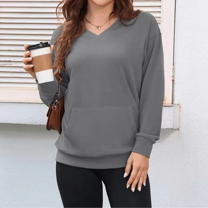Women's Oversized V-Neck Sweatshirt Plus Size Pocket Top