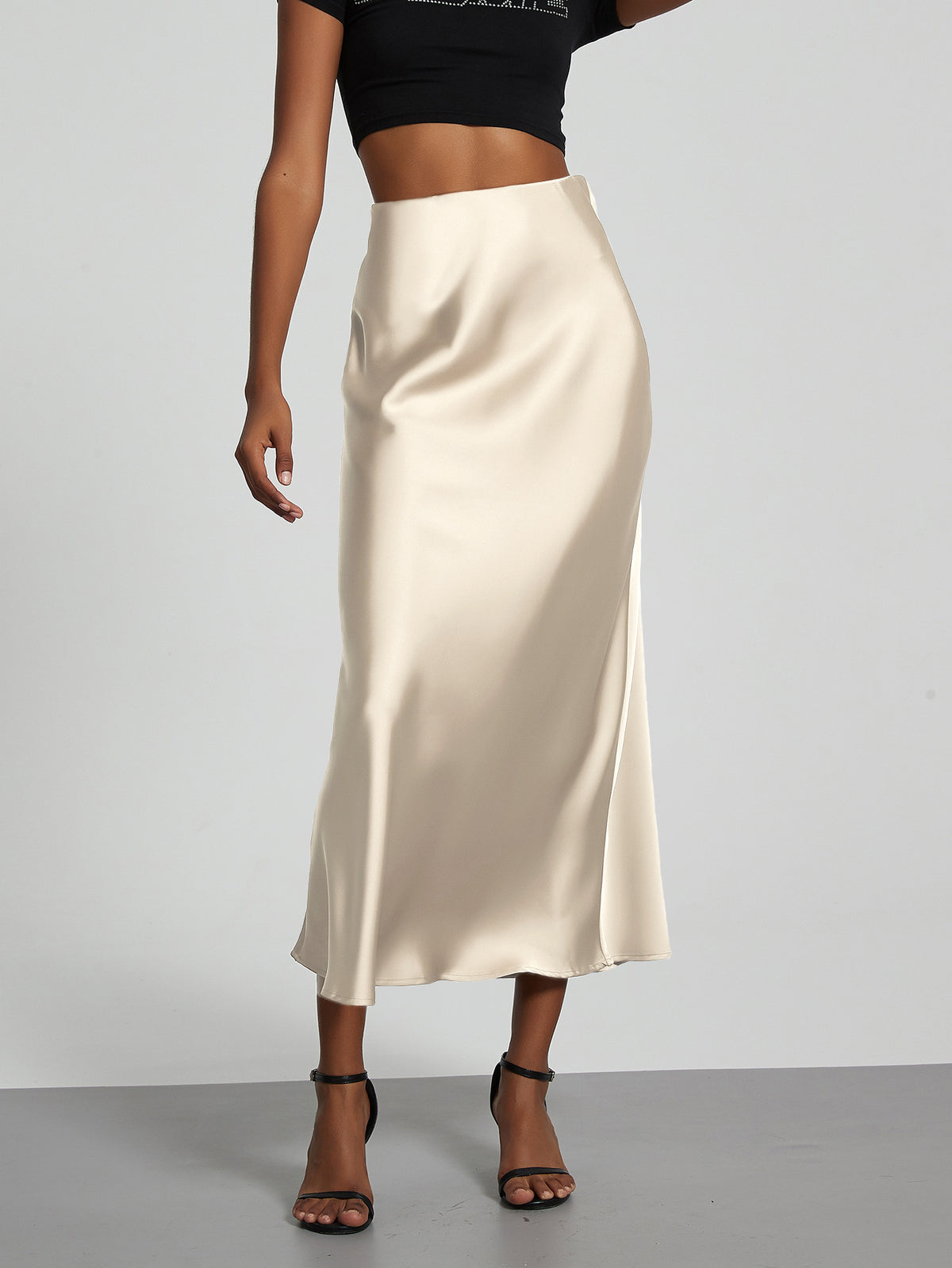 Women's Satin Midi Skirt High Waist Silky Flowy Elegant