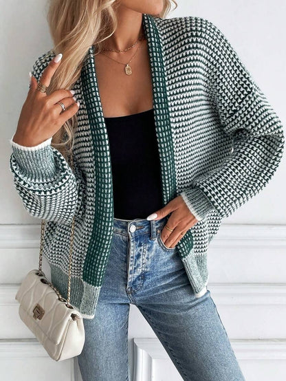 Women's Houndstooth Chunky Knit Open Front Cardigan