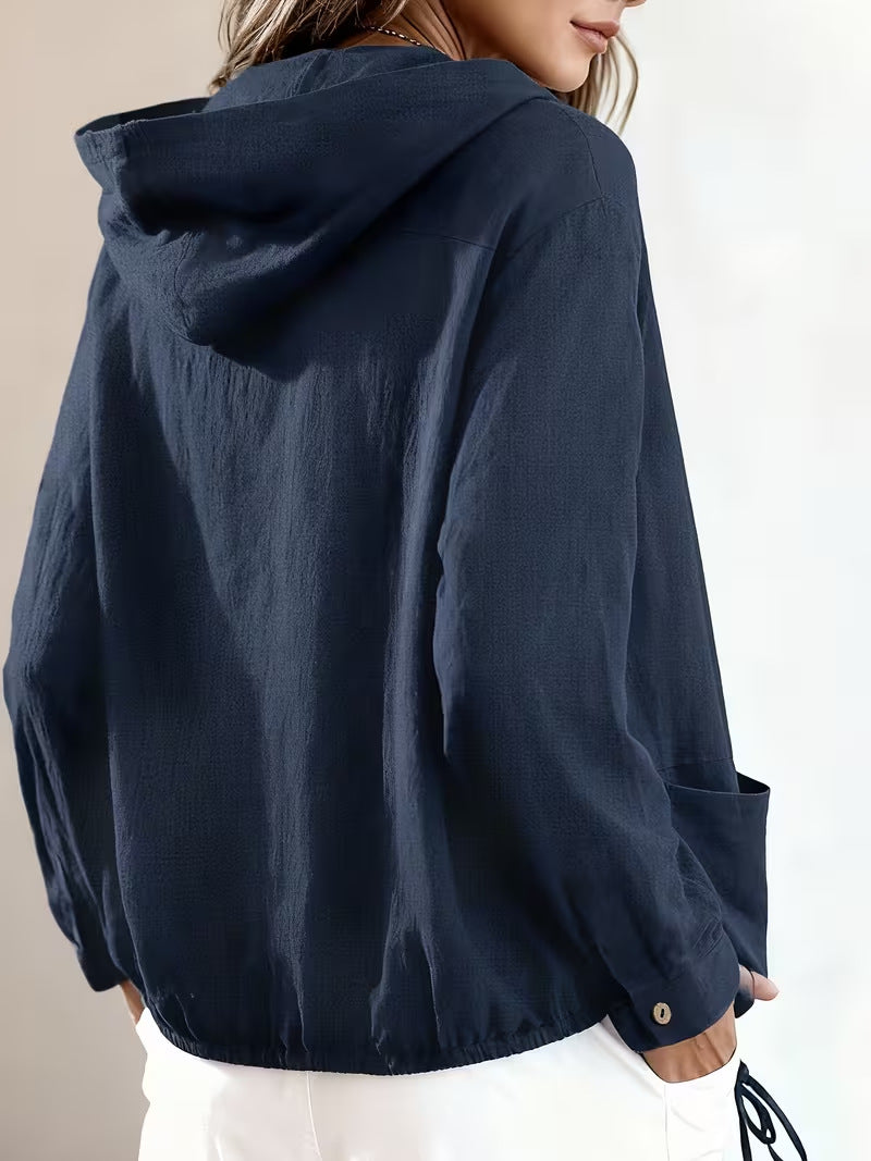 Women's Hooded Button Front Jacket with Pockets