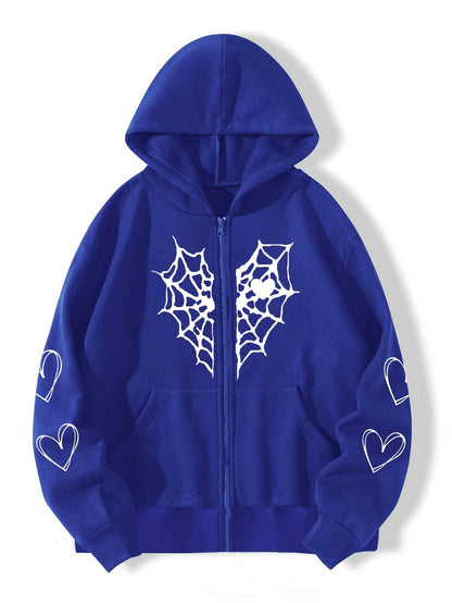 Women's Gothic Spider Web Heart Print Zip Up Hoodie