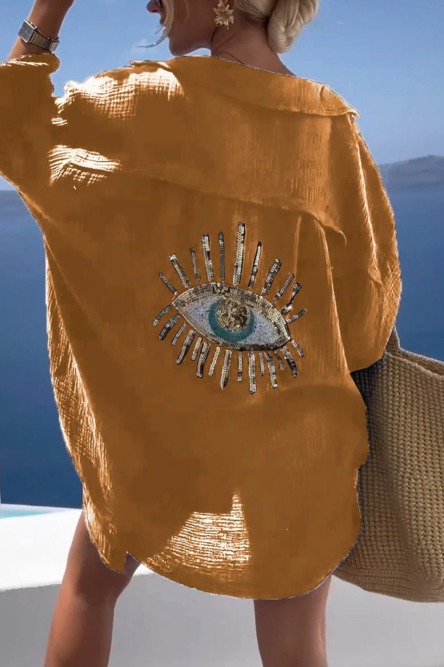 Evil Eye Long Sleeve Oversized Button Down Shirt