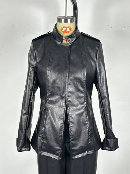 Women's Distressed Faux Leather Jacket Gothic Stand Collar