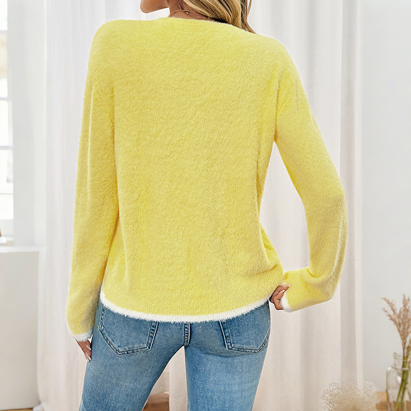 Fuzzy Knit Lace Bow Tie V Neck Cardigan Sweater