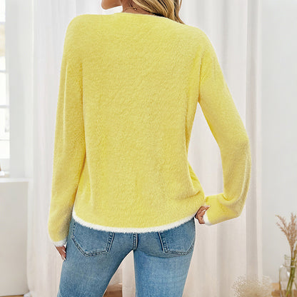 Fuzzy Knit Lace Bow Tie V Neck Cardigan Sweater